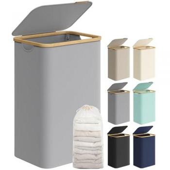 Cesto de Ropa Sucia con Tapa - Gran Cesta de 90L, Plegable, Forro de Malla Extraíble, Tejido Oxford, Asas de Bambú, 42x32x70.5