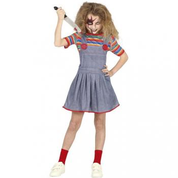 Disfraz Infantil Muñeca Asesina - Disfraz de Muñeca Malvada para niña, incluye vestido rojo con detalles oscuros, medias a rayas, y diadema con cabello oscuro