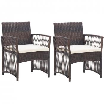 Brown Poly Rattan Garden Patio Armchairs with Cushions - Set of 2