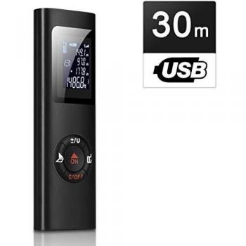 Telémetro Láser, IPSXP 30M 98Ft USB Recargable Medidor Láser Mudo Portátil Metro Láser con LCD Pantalla Retroiluminada Digital, Cálculo de Distancia, Área, Volumen, Pitágoras, Adición y Sustracción