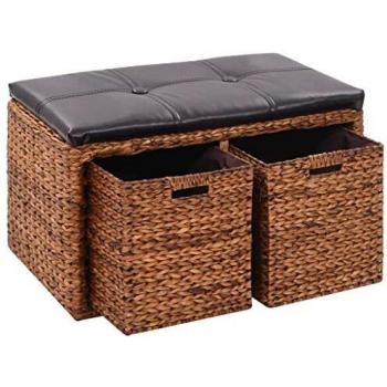 vidaXL Banco 3 Cestas Hierba Marina 71x40x42 cm Marrón Taburete Silla Canasto
