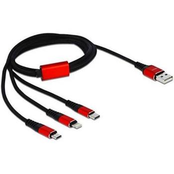 Cable de carga 3 en 1 USB-A a Lightning, Micro USB y USB-C (1 m) Negro/Rojo