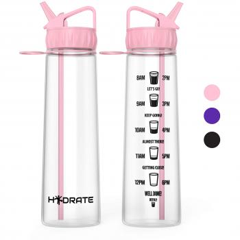 Hydrate Motivational Straw Water Bottle, 900ml - With Time Markings To Help You drink More Water, Tritan, Eco Friendly & BPA-Free, For Day to Day Use Ideal For Adults, Children & Kids - Fast Water Flow, Flip Straw, Reusable & Leak-proof