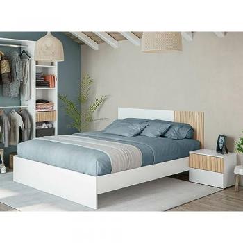 Cabecero Yuma con 2 Mesitas de Noche, Juego de Dormitorio, 266x34h89 cm, Blanco y Roble