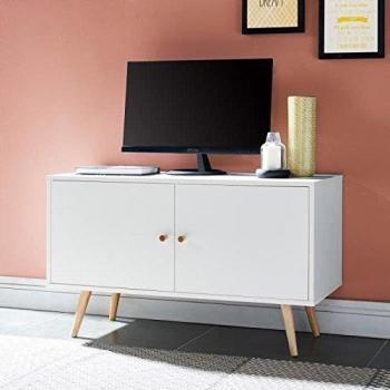 ANNETTE Meuble TV scandinave décor blanc + pieds en bois massif - L 90 cm