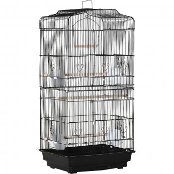PawHut Jaula para Pájaros Pajarera de Metal con 4 Comederos 3 Perchas Columpio y Bandeja Extraíble 46,5x35,5x92 cm Negro