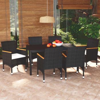 7-Piece Black Poly Rattan Garden Dining Set with Cushions