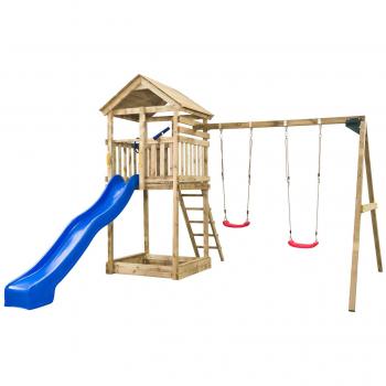 Juegos infantiles de madera Anna - Estructura robusta, diseño colorido, incluye múltiples actividades (escalera, tobogán y columpio), fabricado con madera sostenible, apto para exteriores e interiores, recomendado para niños de
