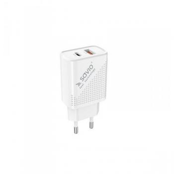 Cargador Rápido Savio LA-04 USB Tipo A y Tipo C Power Delivery 3.0 18W Blanco para Smartphone y Tableta