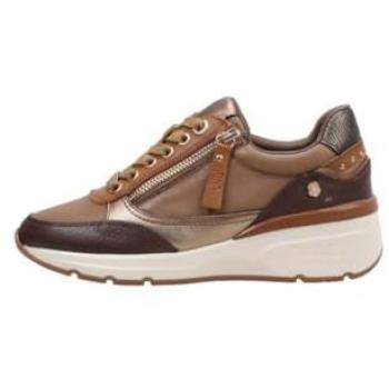 Zapatillas de piel para mujer Carmela 161825, deportivas en color marrón con cierre de cremallera y cordones, talla 36