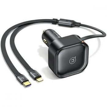 Cargador de coche Usams con cable retráctil 1x USB-C + 1x Lightning 30W carga rápida negro
