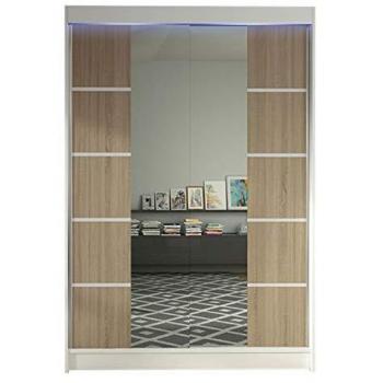 Armario deslizante con espejo Parys V, 2 puertas, con barra para ropa y 5 estantes, acabado en blanco y roble sonoma