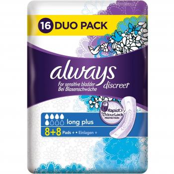 Always Discreet Incontinence Pads, Long, Plus, 16 Towels, BIGGER PACK, Odour Neutraliser, For Sensitive Bladder