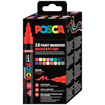 Estuche de 16 Rotuladores Posca PC-5BR con Punta Pincel, Gama Completa Multicolor