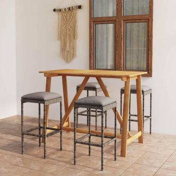 5-Piece Grey Poly Rattan Garden Bar Set with Cushions