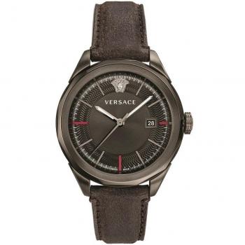Mens Versace Glaze Watch - Dark Grey Brown Leather Silver Steel Watch, Male, Size: ONE SIZE