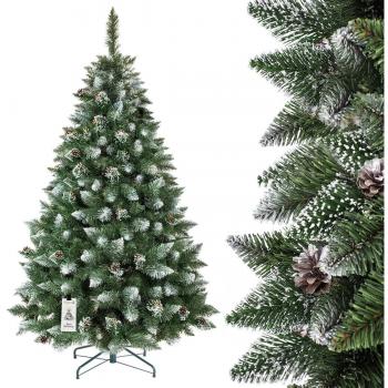 FairyTrees Árbol de Navidad Artificial, Pino Verde Natural Cubierto de Nieve, PVC, con piñas Naturales, Soporte de Madera, 180cm, FT04-180