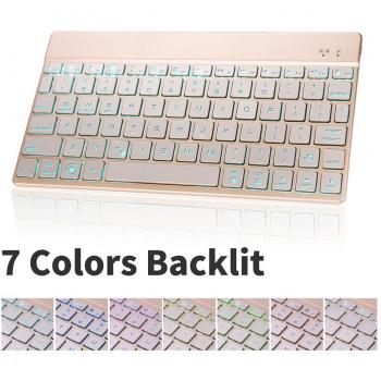 Teclado Bluetooth con retroiluminación, marca Dingrich, uso universal, ultra delgado, inalámbrico con conexión Bluetooth 3.0, teclado retroiluminado con 7 colores y brillo ajustable, portátil y ligero, para tabletas y iPad, para sistemas iOS, Android 