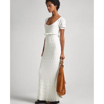 Vestido Goldie blanco Pepe Jeans - Elegante vestido largo de punto calado con volantes en la cintura