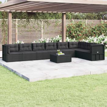 8-Piece Black Poly Rattan Garden Lounge Set with Cushions