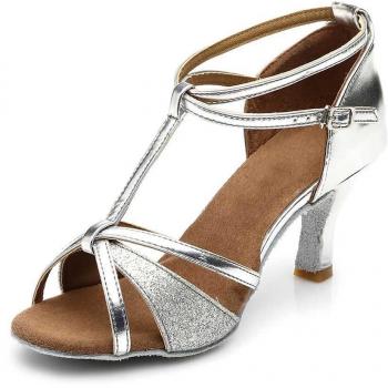 HIPPOSEUS Mujer Zapatos de salón de baile/Zapatos de baile latino estándar/Cuero brillo,255-7,Plateado color,EU 40