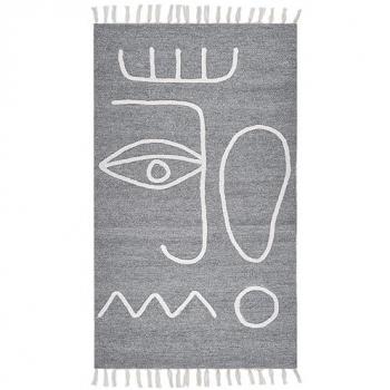 Alfombra Rectangular Hecha a Mano de Poliéster Gris y Blanco 80 x 150 cm con Patrón Abstracto y Borlas