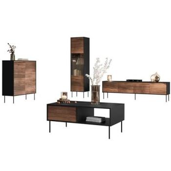 Conjunto de salón Charlotte Y108, Aglomerado laminado y MDF, Negro y Nogal, con mesa de TV y partes separadas, vidrio templado