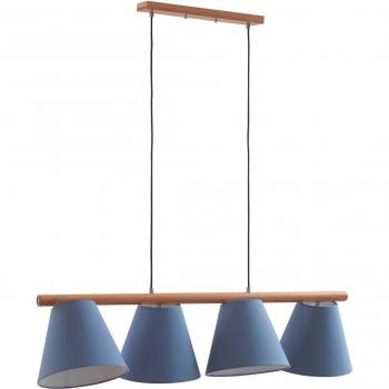 Lámpara colgante Lucande Jinda de diseño, 4 llamas, madera y tela azul