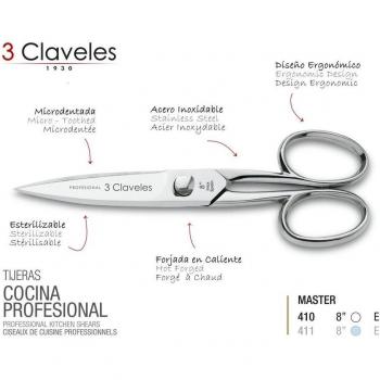 3 Claveles 410 Tijeras de Cocina Profesionales en Acero Inoxidable de Alta Calidad Forjadas en Caliente, Serie Master, Medida 20 cm 83