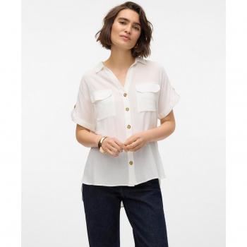 Camisa fluida de manga corta de mujer - Blanco