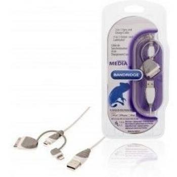 Cable 3 en 1 de carga y sincronización USB 2.0 A macho - micro B macho con adaptador Lightning integrado + adaptador de base de 30 pines de 1,00 m en color blanco