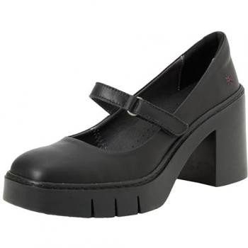 Zapatos de salón de mujer Berna de piel con plataforma, color negro, altura de tacón 9cm, cierre de velcro