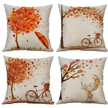 Gspirit 4 Pack otoño Arce Bicicleta Algodón Lino Throw Pillow Case Funda de Almohada para Cojín 45x45 cm