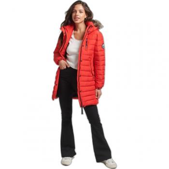 Superdry Women's Mid-Length Hooded Puffer Jacket with Faux Fur, High Risk Red
