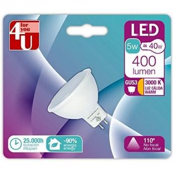 Bombilla LED 4U, Modelo G5.3, 12V, 5W, Ángulo de Luz 110°, Intensidad Luminosa de 400LM y Temperatura de Color de 3000K