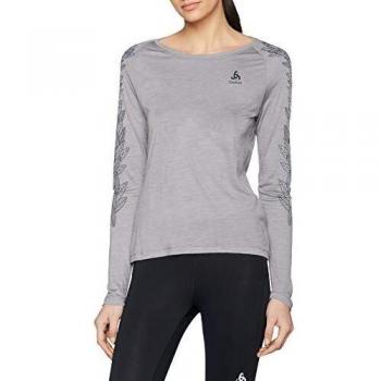 Odlo Bl Top Crew Neck L/S Concord Camiseta, Mujer, 550501, Grey Melange - Leaves on Sleeve Print SS19, Extra-Large