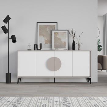 Consola Gora 4 Puertas Patas Metálicas Venprodin - Consola Baja 180 cm Marrón Claro - Blanco