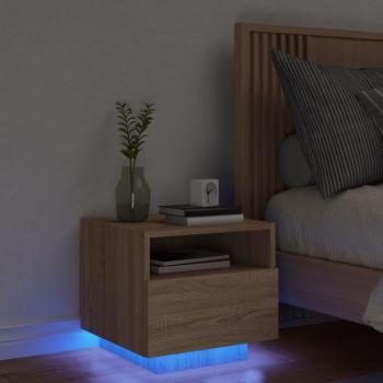 Mesita de noche con luces LED 40x39x37 cm en Blanco, Negro y Roble Sonoma - Mesita para habitación, dormitorio, salón y estudio, mesa auxiliar
