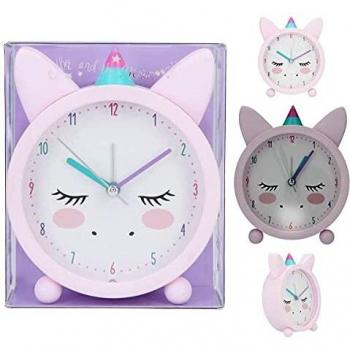 Depesche 6551 Ylvi - Despertador analógico analógico para niñas, diseño Rosa con Orejas y Unicornio, silencioso y con función de luz, Funciona con Pilas, Stk