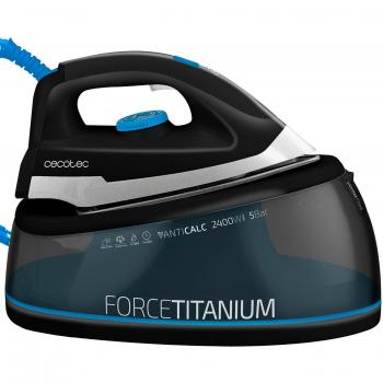 Centro de planchado ForceTitanium 5000 Smart de Cecotec. 2400 W. Control automático temperatura y vapor. Filtro antical extraíble. Apagado automático. Modo ECO. Autonomía ilimitada. Vapor 140 g/min. Suela TitaniumSlide. 5 bares. 2 litros. Vapor vertic