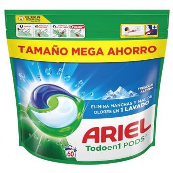 Ariel Pods Todo en 1 Detergente Líquido en Cápsulas, 60 Lavados, Frescor Alpino, 5 Acciones para Limpieza Brillante en Frío