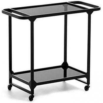 Kave Home - Mesa Auxiliar Duilia Negra Rectangular 75 x 35 cm de Cristal Tintado y Estructura en Acero en Negro y con Ruedas