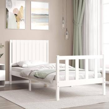 Cama individual de madera maciza con cabecero blanco 90x200 cm
