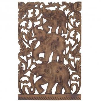 Panel de madera tallada 3 elefantes estilo étnico, placa de madera adorno pared, color marrón, dimensiones 70x1x45 cm