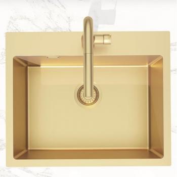 Fregadero empotrable de acero inoxidable 304 Aurum con rebosadero, medidas 55x45x21 cm, acabado oro cepillado PVD, resistente a manchas y corrosión