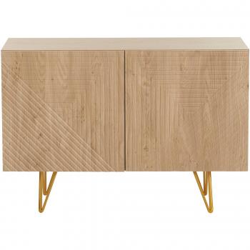 Aparador de diseño de madera de roble claro con grabados y metal dorado 2 puertas 107 cm OZEN