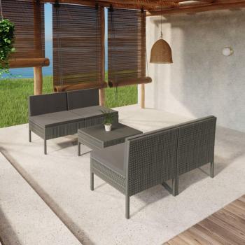 5-Piece Grey Poly Rattan Garden Lounge Set with Cushions