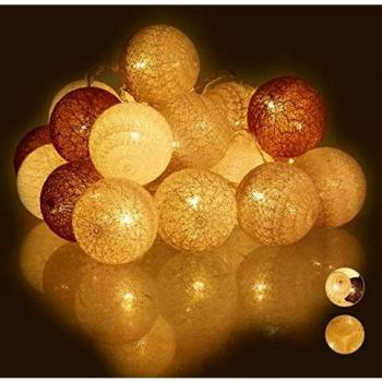 Guirnalda LED con 20 Bolas de Algodón, Funciona a Pilas, Iluminación Ambiental, Diámetro 6 cm, Blanco/Grey/Marrón