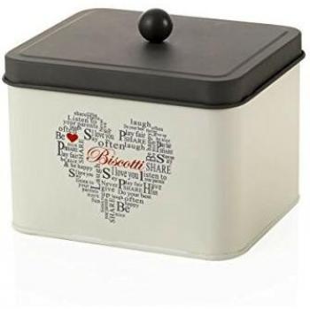 MONTEMAGGI Caja rectangular de hierro esmaltado color blanco y ardesia. Bote para galletas con tapa de cierre hermético con inscripciones y decorazione. Tamaño: 118 x 15,5 x 18 cm