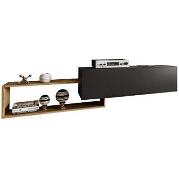 Mueble de TV Utica 101, negro + Wotan roble, dimensiones 210 x 48 x 35 cm, incluye estante y diseño colgante